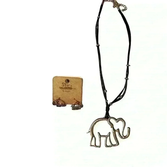 Elephant Necklace & Earring Set. Black & silver colored necklace. - Picture 1 of 5
